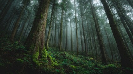 Fototapeta premium Slim tall trees in dark forest with green moss and ferns and fog, natural style.