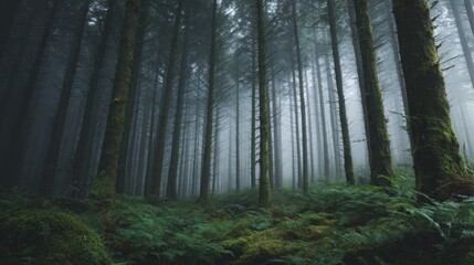 Obraz premium Slim tall trees in dark forest with green moss and ferns and fog, natural style.