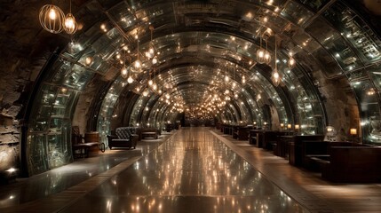 Luxurious tunnel interior with reflective glass walls, warm pendant lighting, and cozy seating areas. Stylish futuristic design with lounge ambiance.
