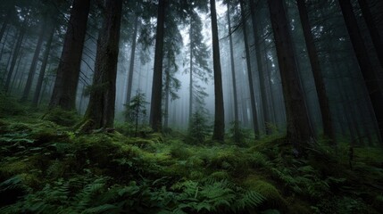 Fototapeta premium Slim tall trees in dark forest with green moss and ferns and fog, natural style.