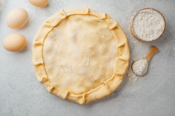 Pie dough preparation with flour and eggs in minimal  baking setup