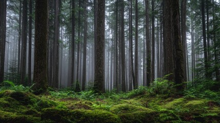 Fototapeta premium Slim tall trees in dark forest with green moss and ferns and fog, natural style.