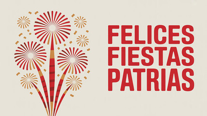 Felices Fiestas Patrias A festive graphic design celebrating Felices Fiestas Patrias with vibrant red and gold fireworks exploding against a soft off-white background.