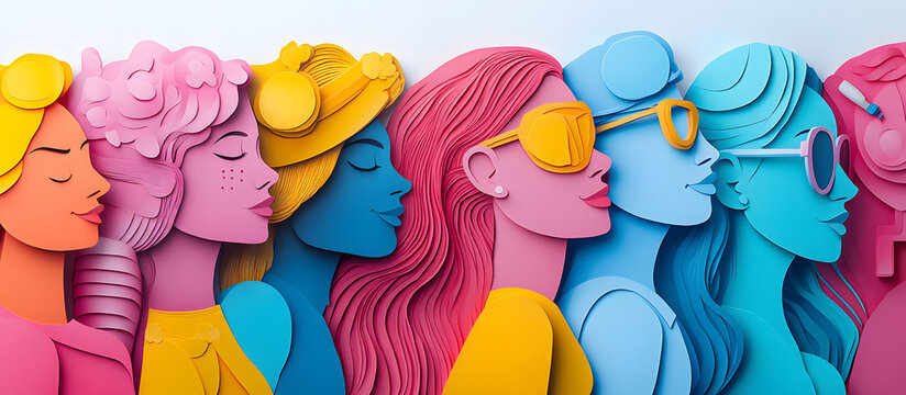 Colorful paper cutouts of people on a white background representing social media audience and female internet users