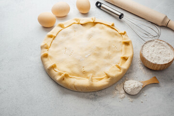Pie dough preparation with flour and eggs in minimal  baking setup