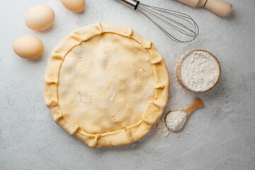 Pie dough preparation with flour and eggs in minimal  baking setup