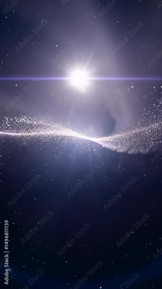 Poster a blurry image of a galaxy with a white line in the middle. the galaxy is mostly dark blue with a fe