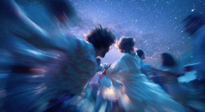 People Dancing Under the Starry Night Sky, Representing Celebration and Community Engagement in a Dreamlike Setting, Perfect for Event Promotion : Generative AI