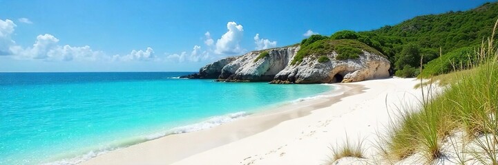 Fototapeta premium Serene, secluded cove with pristine white sand and turquoise water, untouched by crowds Perfect for relaxation and escape Sun-kissed dunes meet the ocean's edge , sand, idyllic, remote