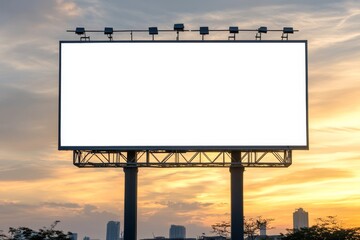 The concept of marketing communication to promote or sell an idea is depicted through a 3D rendered mock up of a blank white road billboard, set against the Bangkok cityscape at sunset, functioning