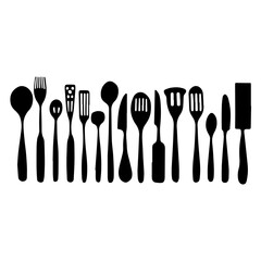 spoon and fork set. Set of restaurant icons. Silhouette cutlery icon, Steel Spoon Set, Spoon Set, Cutlery Set, Stainless Steel Spoon Set. Black cutlery set, Kitchen silhouette set.