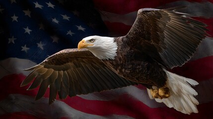 Naklejka premium A majestic bald eagle soars in front of a rippling flag, embodying freedom and national pride.