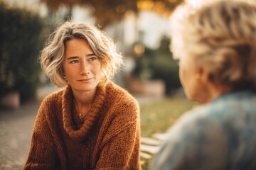 Woman Listening to Senior Relative Outdoors in Warm Light, Depicting Generational Connection and Elder Care : Generative AI