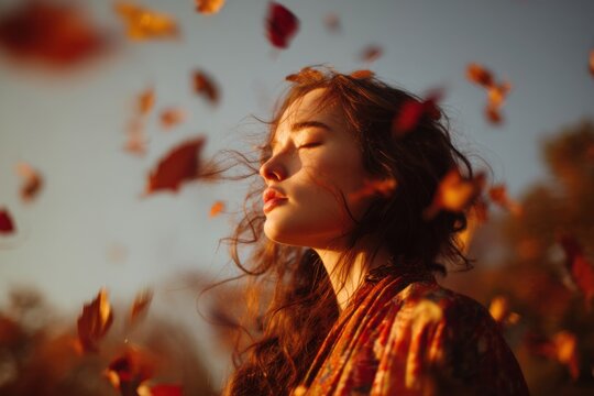 Woman With Eyes Closed Enjoying Autumn Leaves, Representing Serenity and Seasonal Wellness in a Natural Setting, Ideal for Lifestyle Content : Generative AI