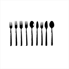 spoon and fork set. Set of restaurant icons. Silhouette cutlery icon, Steel Spoon Set, Spoon Set, Cutlery Set, Stainless Steel Spoon Set. Black cutlery set, Kitchen silhouette set.