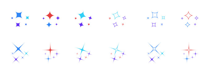 Astronomy colored glowing and sparkle bright star icons with rays. Scientific binary star systems vector illustration