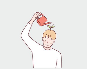 Thinking positive mindset. Man watering flowers on her head with watering can. Conscious man optimist. Good mood and happy character. Hand drawn style vector design illustrations.