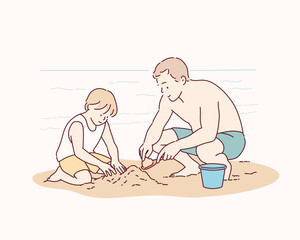 Father and son Playing in the Sand at the Beach. Hand drawn style vector design illustrations.