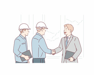 Engineer Team Meeting with Businessman at Construction Site. Hand drawn style vector design illustrations.