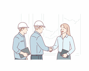 Engineer Team Meeting with Businessman at Construction Site. Hand drawn style vector design illustrations.