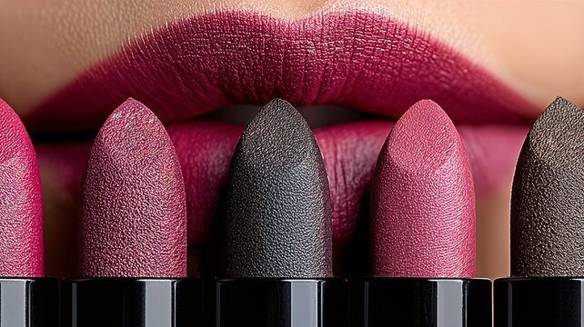 Primer plano de labios con l&aacute;piz labial, mostrando varios tonos de l&aacute;piz labial en una fila.