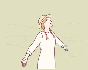 Woman Hiking with a Straw Hat, Feeling Free and Peaceful. Hand drawn style vector design illustrations.