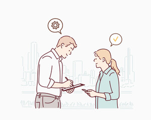Man and Woman Having a Business Conversation.
Hand drawn style vector design illustrations.