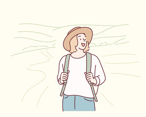 Woman Hiking in the Mountains Feeling Free. Hand drawn style vector design illustrations.