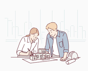 Two Architects Reviewing Design with Interior Model. Hand drawn style vector design illustrations.