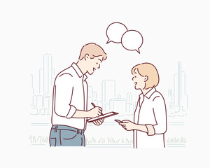 Man and Woman Having a Business Conversation.
Hand drawn style vector design illustrations.