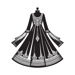 Elegant Anarkali Dress Silhouette Featuring Traditional Flowing Gown Design, Cultural Indian Fashion, Ethnic Wear Grace, Formal Attire Vector Illustration - Anarkali Dress Vector.
