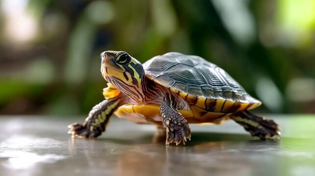Close-up of a small turtle, with vibrant colors and patterns on its shell, moving forward on a surface