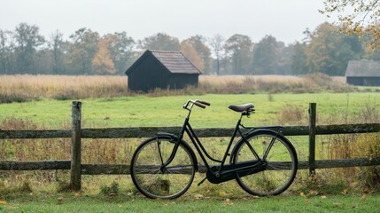 Fototapeta premium Vintage Bicycle Against Rustic Landscape with Black Shed