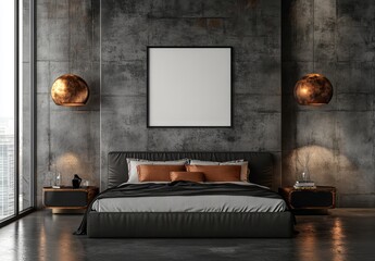 A wooden frame is a key feature of this 3D rendering mockup, which depicts a home interior with a bed and an assortment of decorative elements