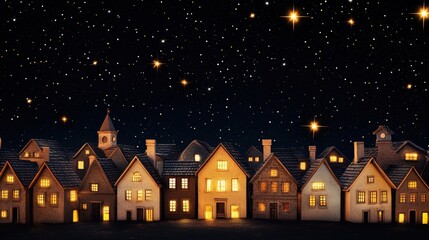 Fototapeta premium Cozy Village Scene Under a Starry Night Sky with Warm Lights