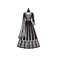 Fototapeta premium Elegant Anarkali Dress Silhouette Featuring Traditional Flowing Gown Design, Cultural Indian Fashion, Ethnic Wear Grace, Formal Attire Vector Illustration - Anarkali Dress Vector. 