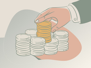 Businessman's hand holding a gold coin showing financial growth and investment savings success