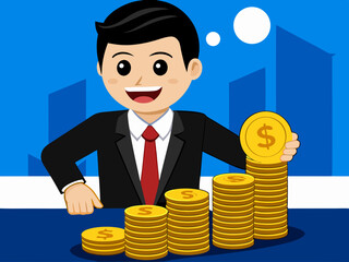 Businessman hand holding stack of gold coins showing financial growth and investment success