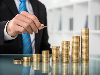 Businessman's hand holding a gold coin showing financial growth and investment savings success