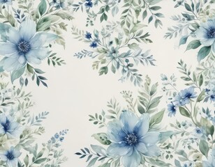 Fototapeta premium Creamy white backdrop, delicate blue & green watercolor floral pattern , vintage, blue, design