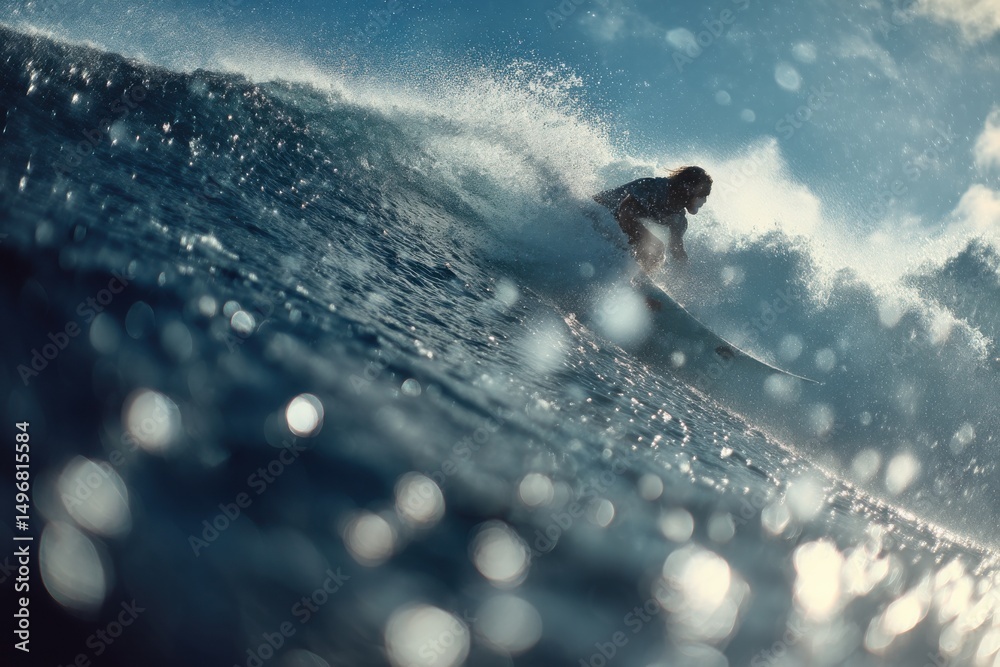Poster surfer riding a wave with splashing water, representing coastal adventure and an active lifestyle in