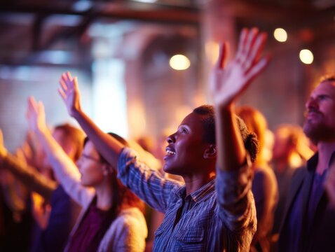 Diverse Group Raising Hands in Celebration, Representing Community Engagement and Spiritual Connection at a Joyful Event : Generative AI