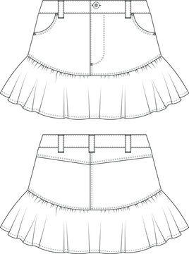 drop waist rise frilly frilled ruffled denim jean pencil cut mini short skirt template technical drawing flat sketch cad mockup fashion woman design style model 
