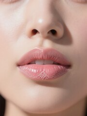 Naklejka premium Close-up of a person's lips with a glossy finish and a subtle pattern on the lower lip
