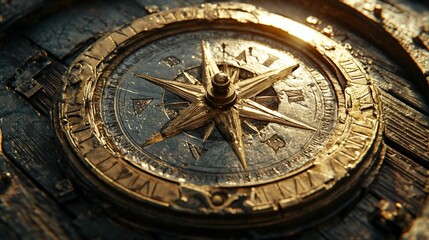 Obraz premium Close-up of an ornate, golden compass, embedded in a dark, textured surface. Detailed compass rose, intricate carvings