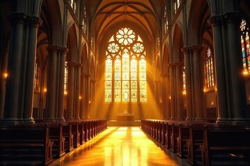 Obraz premium Golden sunlight streams through stained-glass windows, illuminating a majestic cathedral interior, signifying divine grace and spiritual purity , blessing, majestic