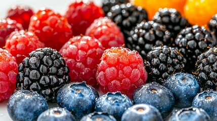 Close-up of assorted fresh berries, including raspberries, blackberries, and blueberries, displayed in a vibrant array of colors