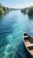 Obraz premium A wooden canoe floating on a clear, turquoise river surrounded by lush greenery