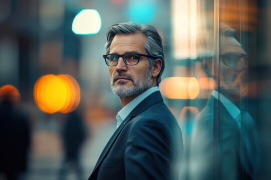 confident businessman in modern city, blending professionalism with dynamic surroundings