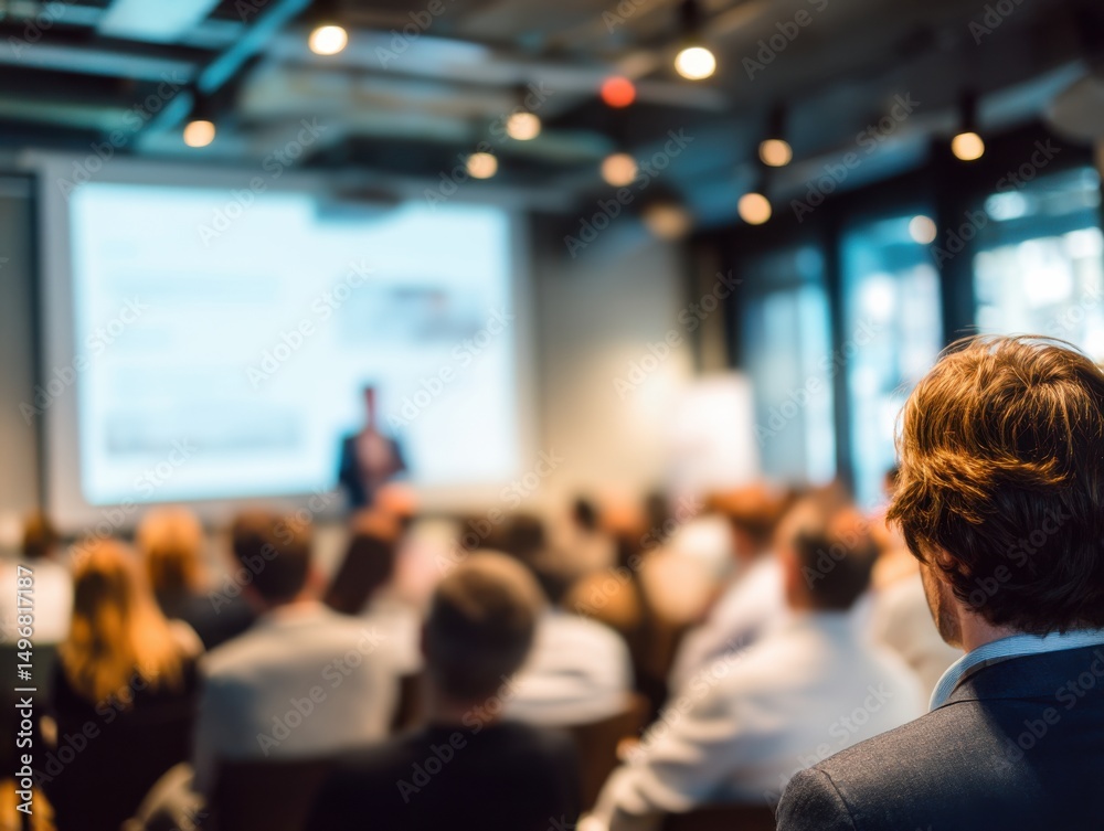 Poster audience listening to speaker at business conference, representing corporate training and profession